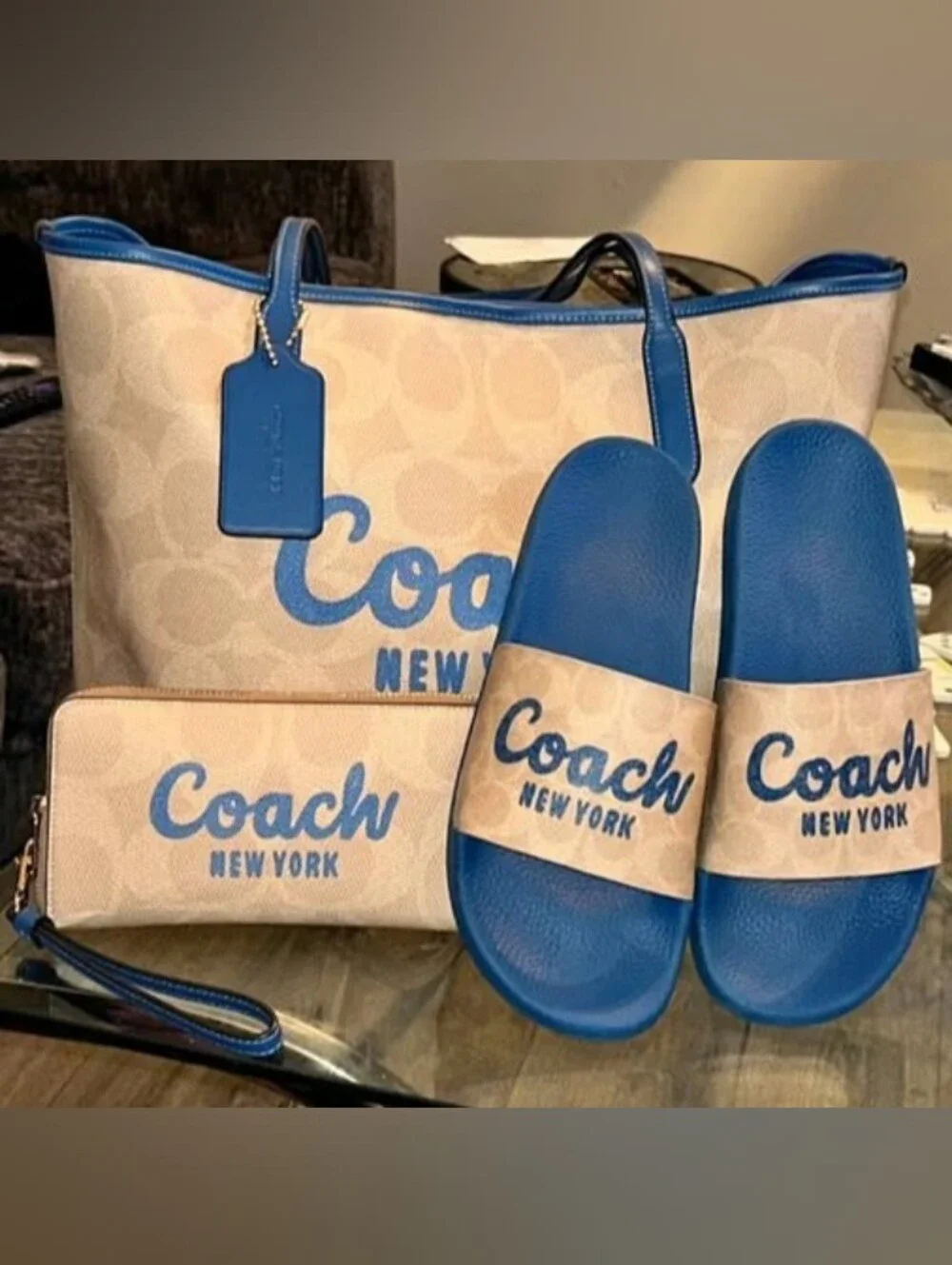 Coach Beige Canvas Tote with Bright Blue Trim and Matching Slides